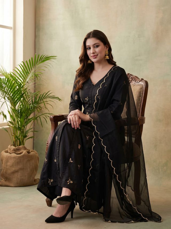 Black Floral Embroidered Mirror Work A-Line Kurta With Trousers & Dupatta
