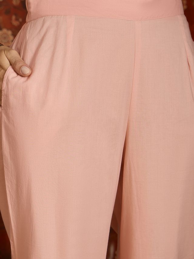 Peach Floral Embroidered Shoulder Straps Kurta With Trouser & Dupatta Kurta Set