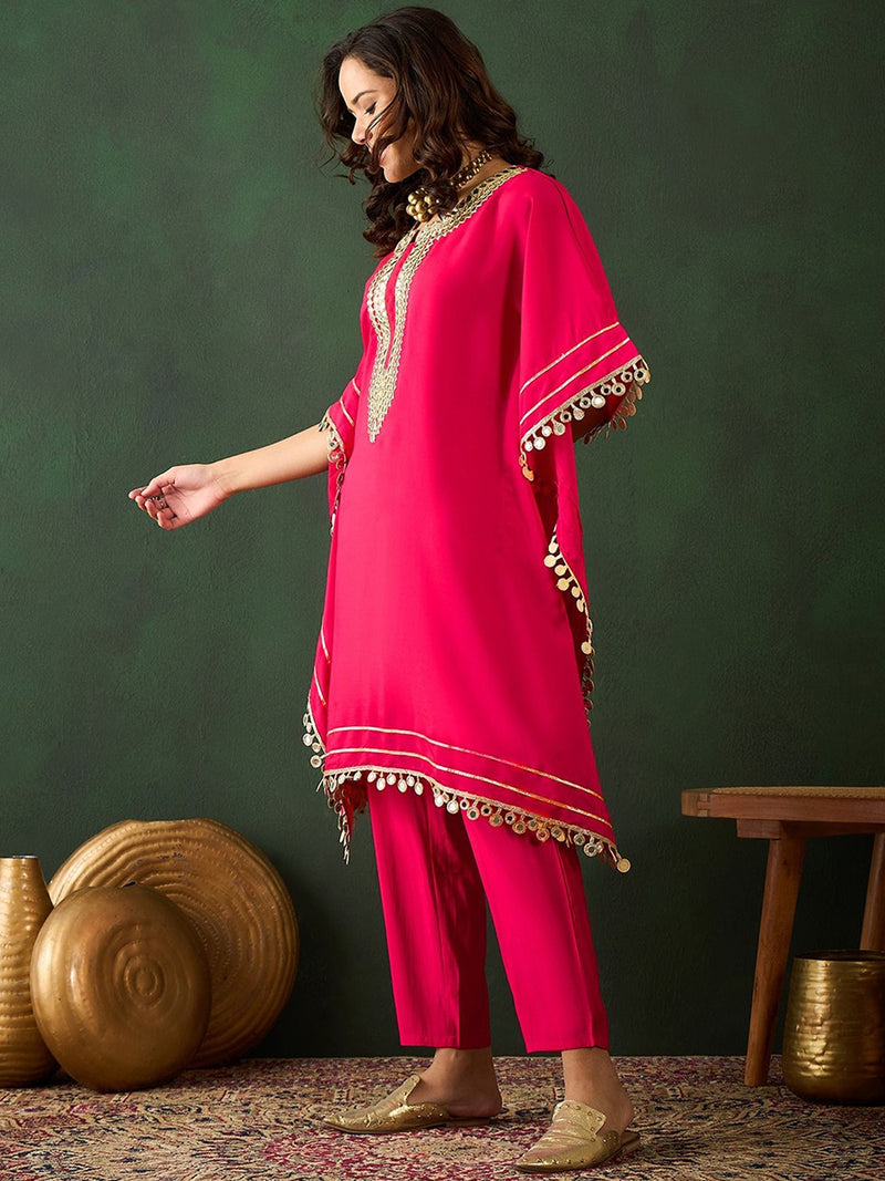 Fuchsia Geometric Embroidered Round Neck Mirror Work Kaftan With Trousers