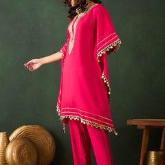 Fuchsia Geometric Embroidered Round Neck Mirror Work Kaftan With Trousers