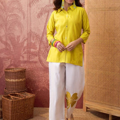 Parrot Green Self Design Shirt Collar Tunic & Trouser Co-Ords