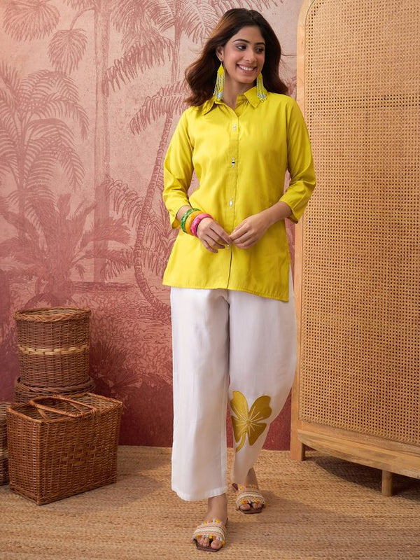 Parrot Green Self Design Shirt Collar Tunic & Trouser Co-Ords