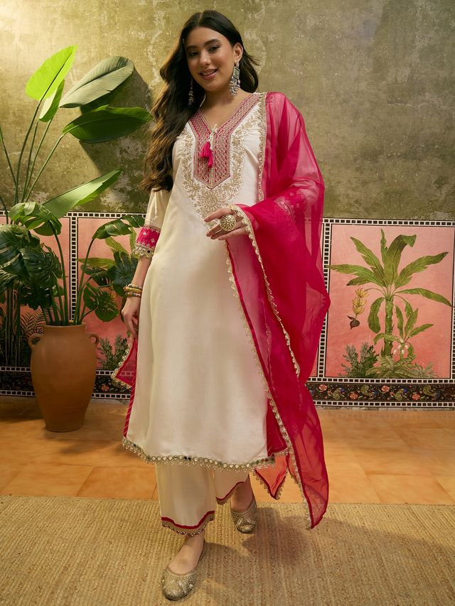 Floral Embroidered & Mirror Work Straight Kurta With & Trousers & Dupatta