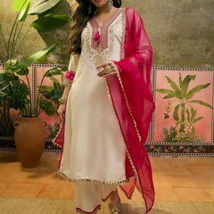 Floral Embroidered & Mirror Work Straight Kurta With & Trousers & Dupatta