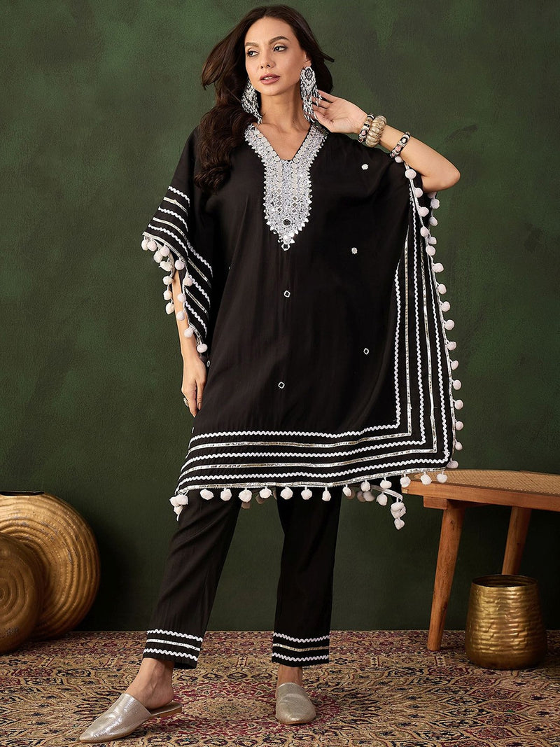 Black Geometric Embroidered Mirror Work Roman Silk Kurta With Trouser