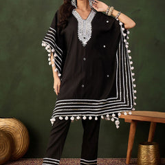 Black Geometric Embroidered Mirror Work Roman Silk Kurta With Trouser