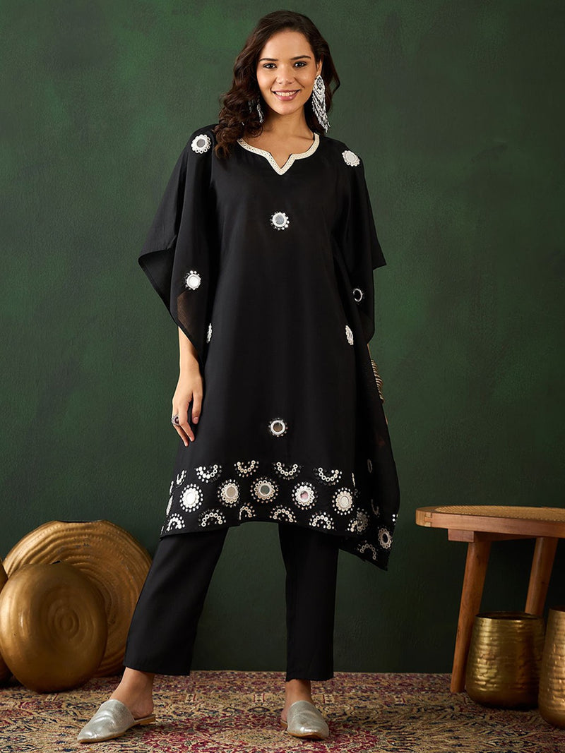 Geometric Embroidered & Mirror Work Kaftan Kurta With Trouser