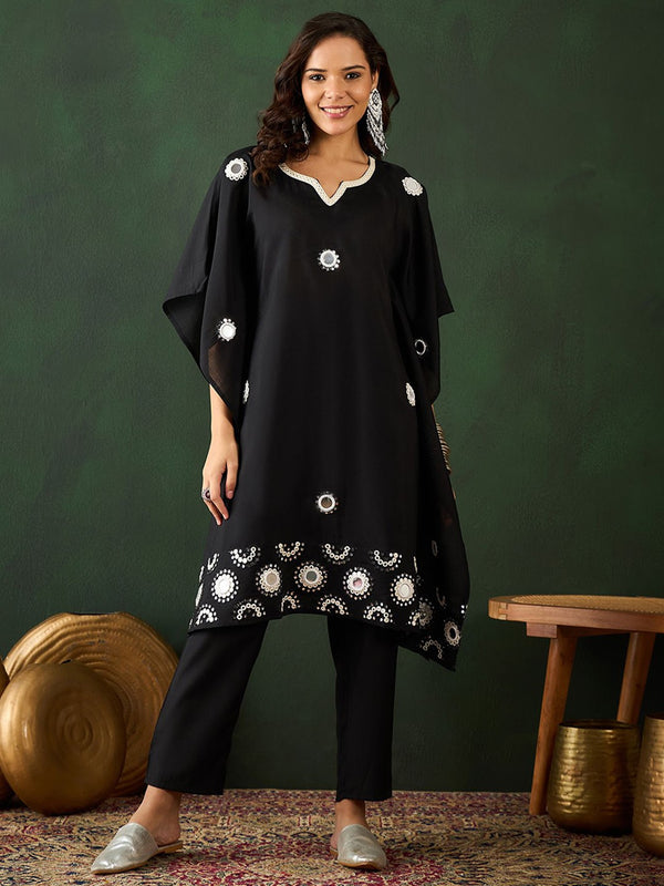 Geometric Embroidered & Mirror Work Kaftan Kurta With Trouser