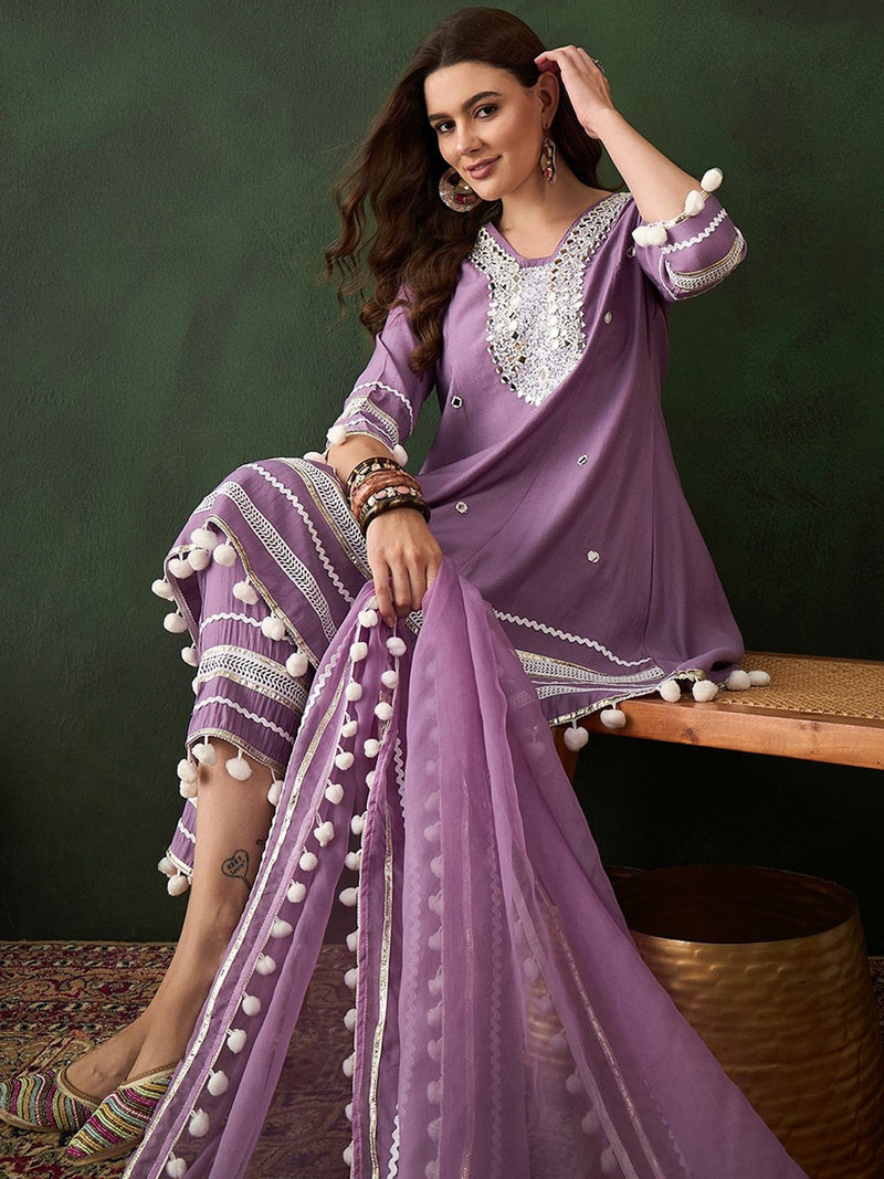 Embroidered Anarkali Kurta & Trousers With Dupatta