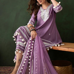 Embroidered Anarkali Kurta & Trousers With Dupatta