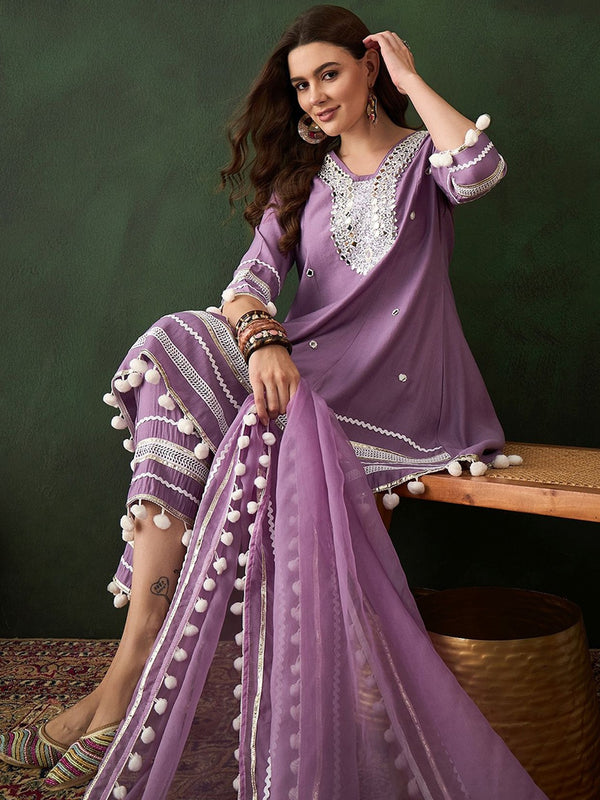 Purple Floral Embroidered Mirror Work A-Line Kurta With Trousers & Dupatta