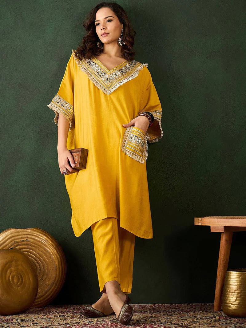 Embroidered  V-Neck Mirror work Kaftan With Trousers