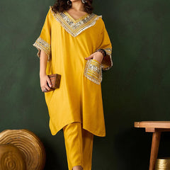 Embroidered  V-Neck Mirror work Kaftan With Trousers