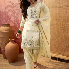 Off White Floral Embroidered & Sequin Work  Kurta With Trouser & Dupatta Kurta Set