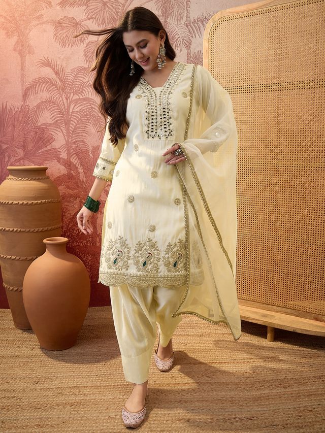 Off White Floral Embroidered & Sequin Work  Kurta With Trouser & Dupatta Kurta Set
