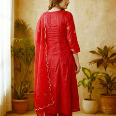 Black Floral Embroidered Mirror Work A-Line Kurta With Trousers & Dupatta