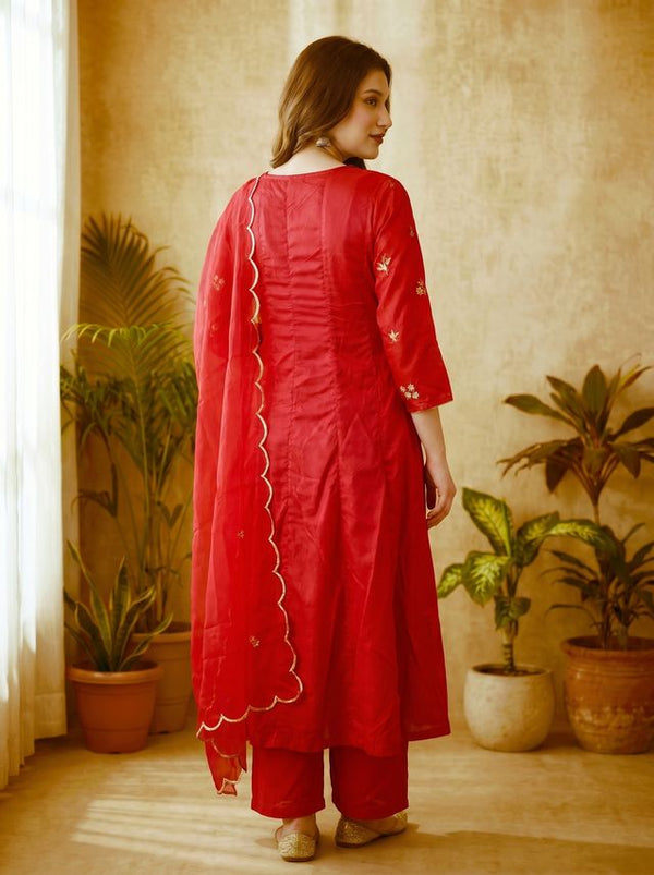 Rani Floral Embroidered Mirror Work A-Line Kurta With Trousers & Dupatta