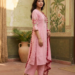 Floral Embroidered  Straight Kurta With & Trousers & Dupatta
