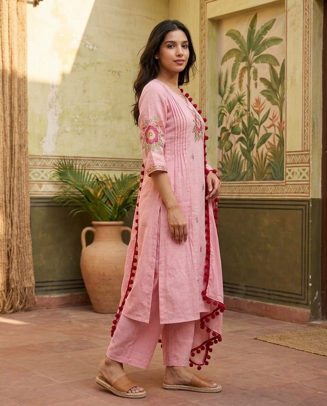 Floral Embroidered  Straight Kurta With & Trousers & Dupatta