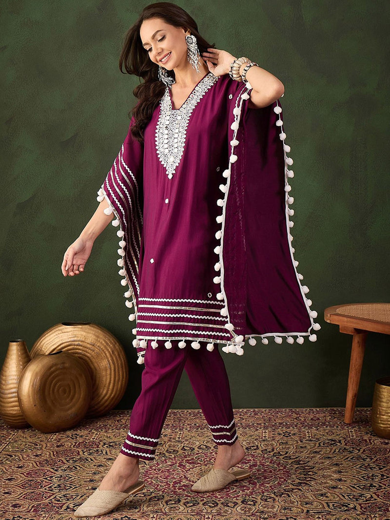 Purple Geometric Embroidered Mirror Work Roman Silk Kurta With Trouser