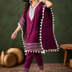 Purple Geometric Embroidered Mirror Work Roman Silk Kurta With Trouser