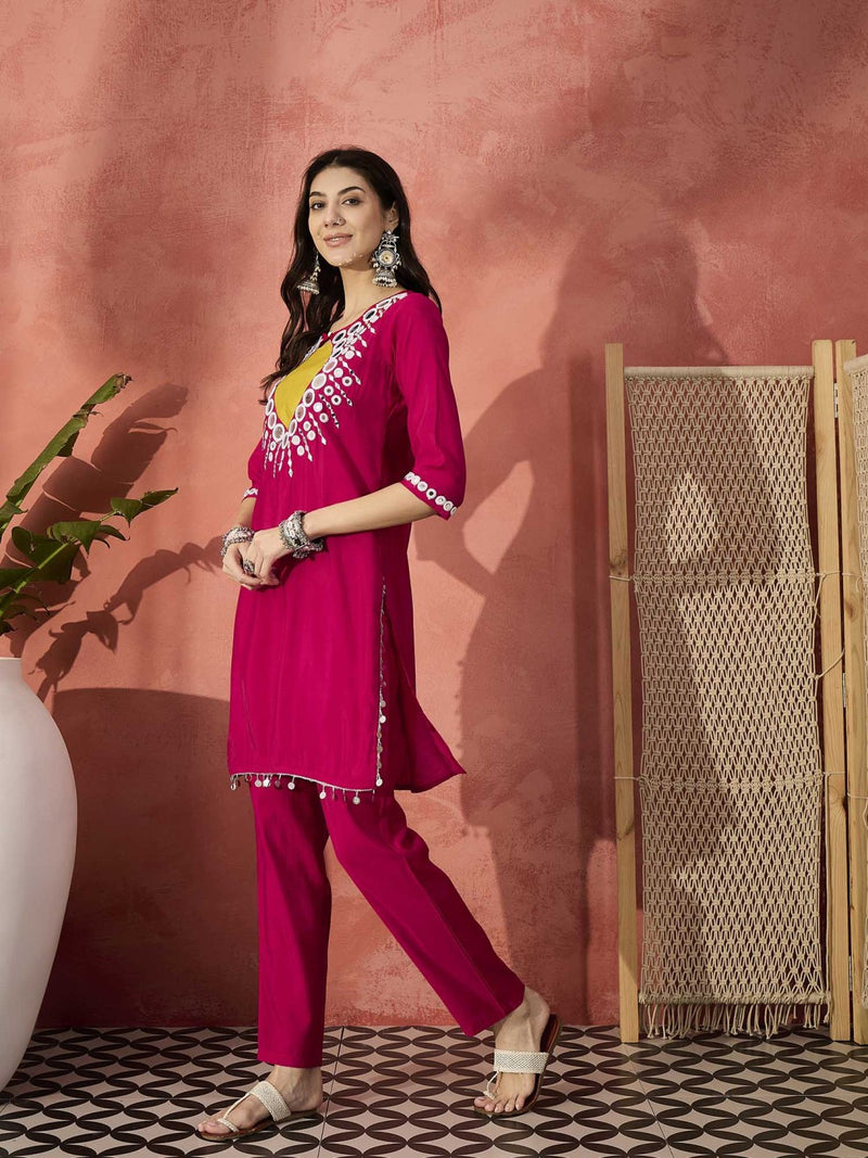 Red And White Mirror Work Round Neck Tunic With Trousers