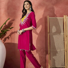 Red And White Mirror Work Round Neck Tunic With Trousers
