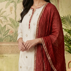 Floral Embroidered & Mirror Work Straight Kurta With & Trousers & Dupatta