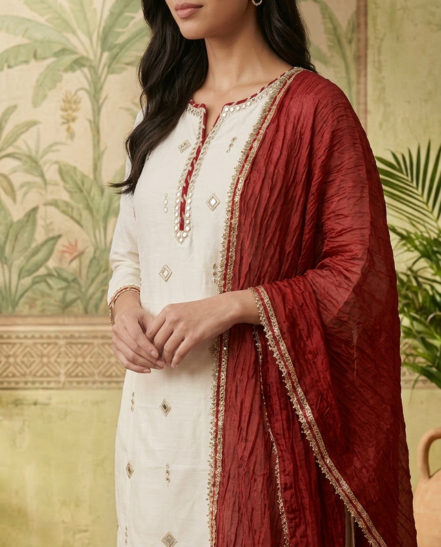 Floral Embroidered & Mirror Work Straight Kurta With & Trousers & Dupatta