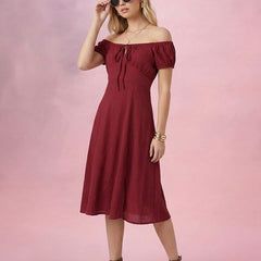 Maroon Off-Shoulder A-Line Midi Dress