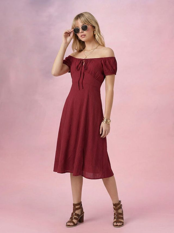 Maroon Off-Shoulder A-Line Midi Dress