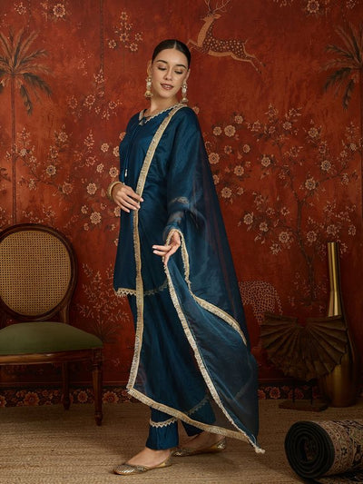 Teal Embroidered Straight Kurta With Farsi Salwar & Dupatta