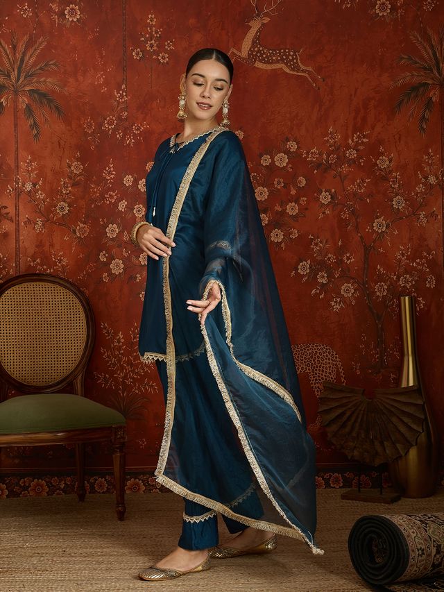Teal Embroidered Straight Kurta With Farsi Salwar & Dupatta