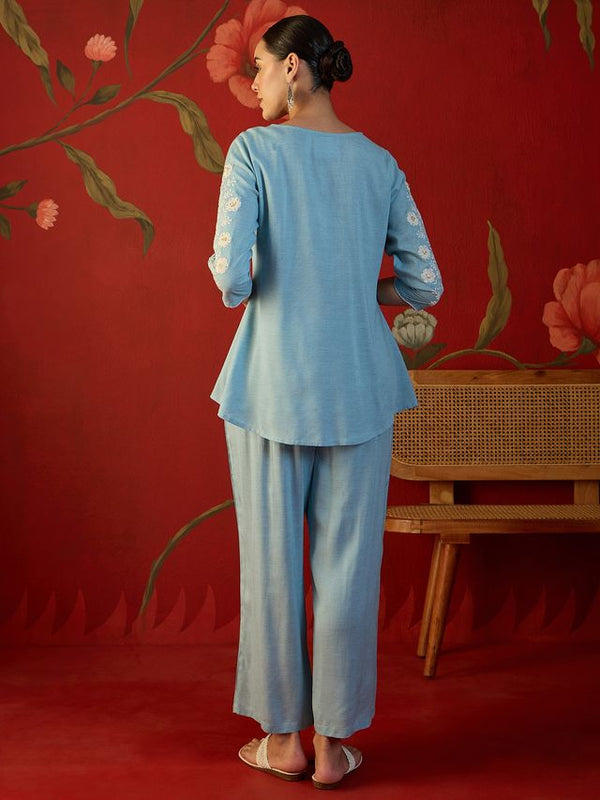 Embroidered V-Neck Tunic With Trouser Co-Ords Set