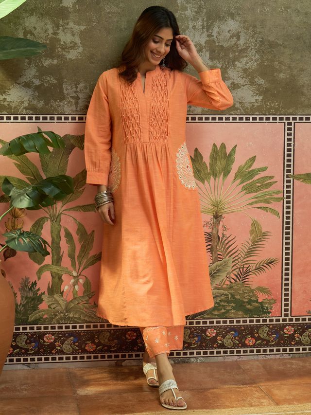 Floral Embroidered Thread Work A-Line Kurta With Trousers