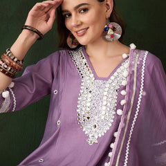 Purple Floral Embroidered Mirror Work A-Line Kurta With Trousers & Dupatta