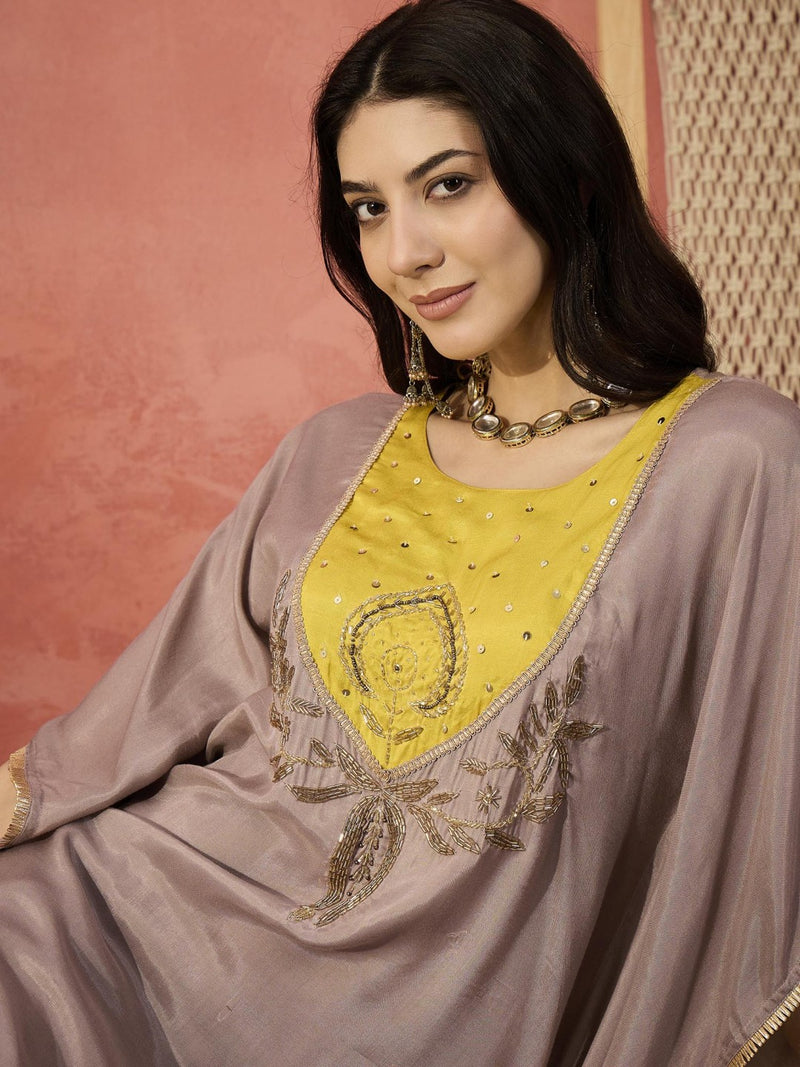 Beige Yoke Design Beads And Stones Round Neck Kaftan Kurta With Trousers
