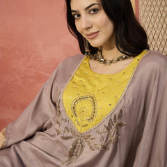 Beige Yoke Design Beads And Stones Round Neck Kaftan Kurta With Trousers