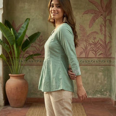 Mint Green Pure Cotton Ethnic Motifs Embroidered A-Line Short Kurti