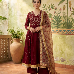 Floral Embroidered Thread Work Anarkali Kurta With Trousers & Dupatta