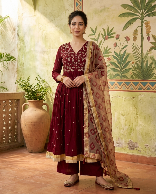 Floral Embroidered Thread Work Anarkali Kurta With Trousers & Dupatta