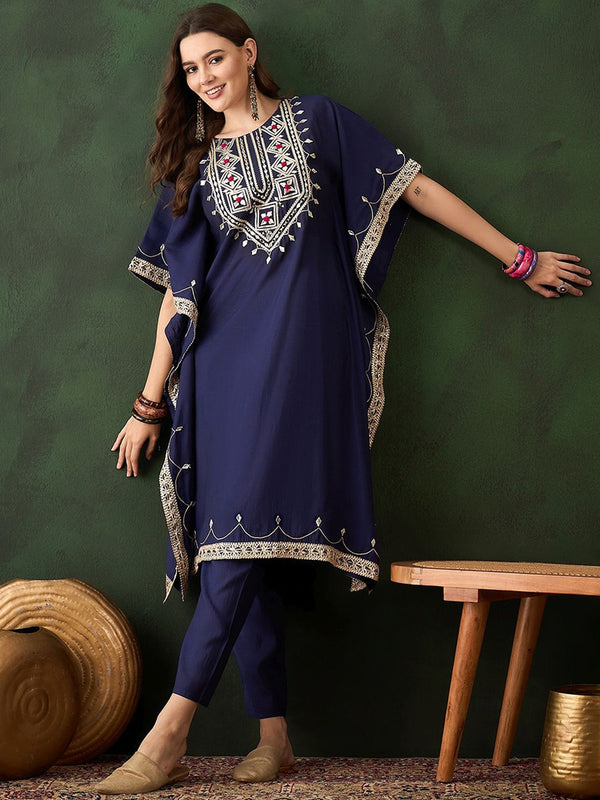 Floral Embroidered & Mirror Work Kaftan Kurta With Trousers