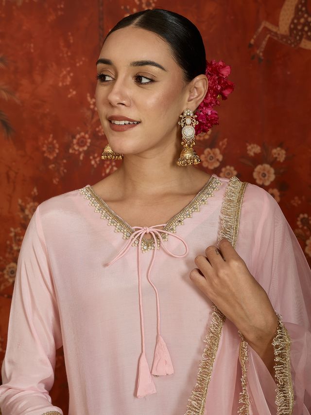 Pink Embroidered Straight Kurta With Farsi Salwar & Dupatta