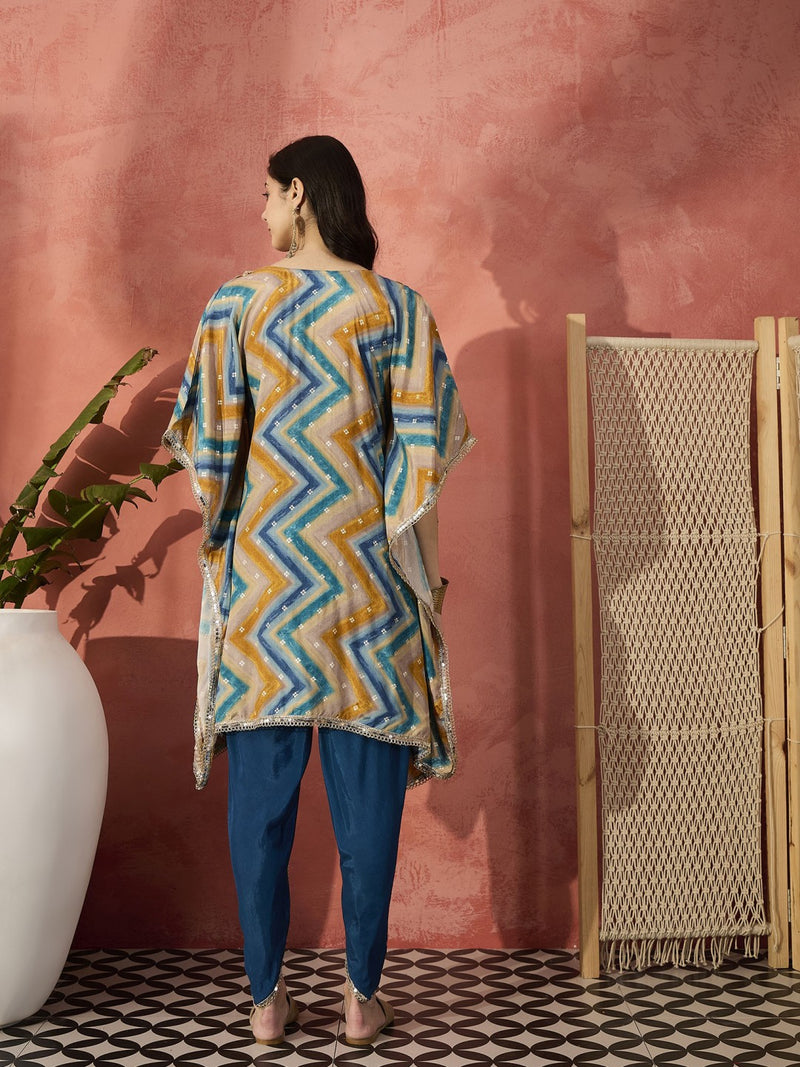 Blue Geometric Printed Yoke Design Mirror Work Kaftan Kurta With Dhoti Pants