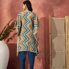 Blue Geometric Printed Yoke Design Mirror Work Kaftan Kurta With Dhoti Pants
