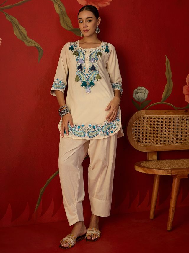 White Floral Embroidered Tunic With Farshi Salwar  Co-Ords Set