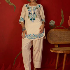 White Floral Embroidered Tunic With Farshi Salwar  Co-Ords Set