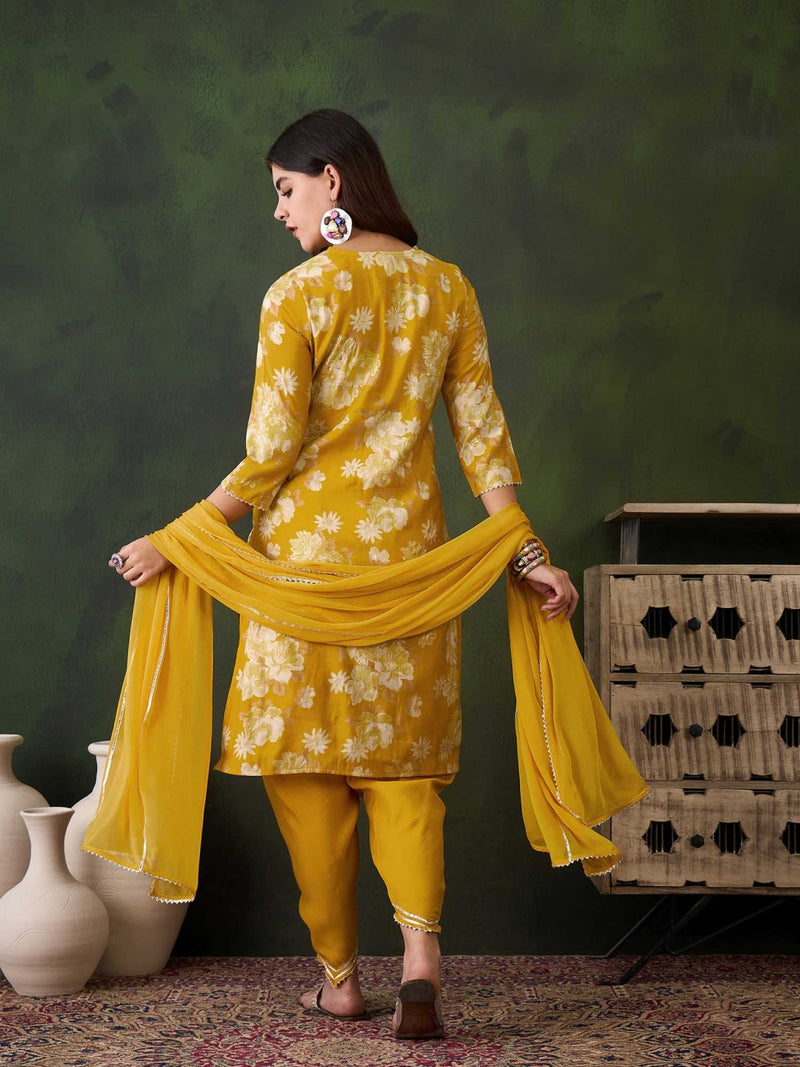 Floral Embroidered Round Neck Kurta With Dhoti Pants And Dupatta