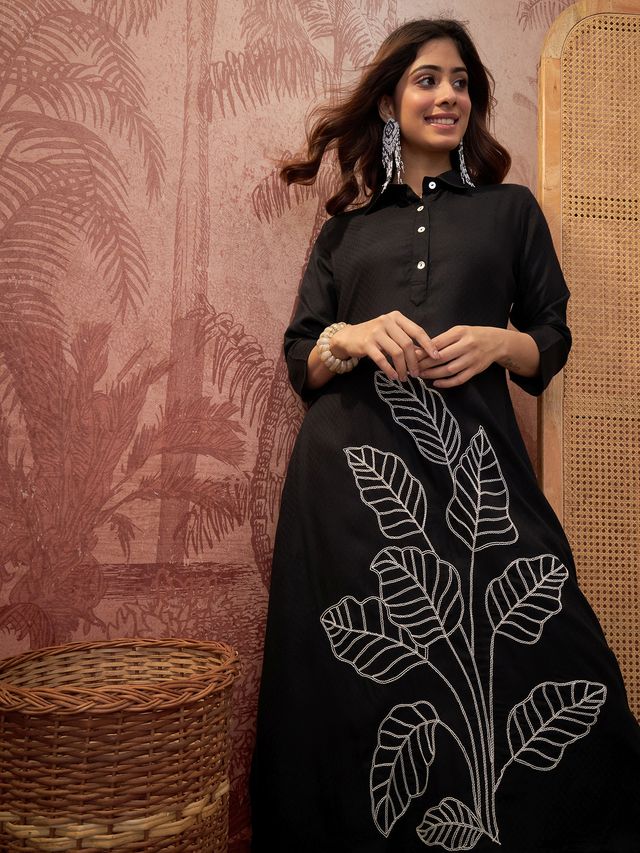 Black Floral Embroidered  A-Line Kurta With Trouser Kurta Set