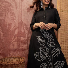 Black Floral Embroidered  A-Line Kurta With Trouser Kurta Set